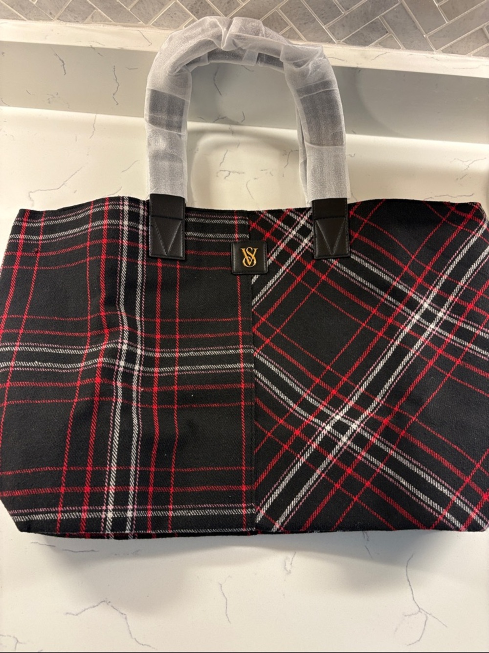 Victoria's Secret Black Plaid Tote with Red & White Accents